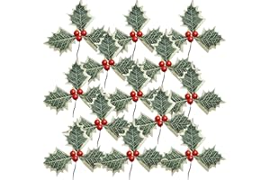 KKSTY 20 bacche artificiali di agrifoglio con foglie verdi, bacca rossa per albero di Natale, ghirlande, confezione regalo, tavolo/casa, festa di nozze, decorazioni artigianali (rosso)