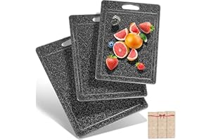 ‎DIFULI DIFULI Schneidebrett Set 3-teilig Granitoptik, 100% Rutschfeste Aufkleber und Saftkanal, BPA-Free, mit Griff Schneidebretter Kunststoff Antibakteriell, Küchenzubehör, Küchen Gadgets, Küchenhelfer