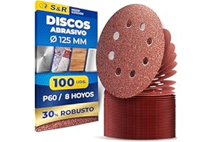 S&R 100 Discos de Lija 125mm grano 60 - Papel de Lija para Lijadora orbital Bosch Parkside Einhell Makita de 125 mm. 100 Hojas para Madera Metal Pintura