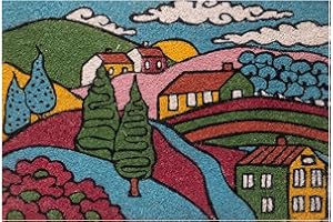 Baroni Home Zerbino da Esterno in Cocco Dipinto a mano con Base in PVC, Tappeto da Esterno Ultraresistente e Facile da Pulire, Villaggio Colline, 60x40 cm