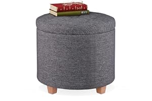 Relaxdays Pouf Contenitore Rotondo, Sgabello Imbottito, Poggiapiedi Salotto, Effetto Lino, HxD: 41 x 44 cm, Grigio Scuro, Tela