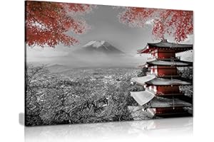 Panther Print Impression sur toile murale Motif temple japonais en automne Noir Blanc Rouge 24 x 16 cm