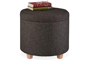 Relaxdays Pouf Contenitore Rotondo, Sgabello Imbottito, Poggiapiedi Salotto, Effetto Lino, HxD: 41 x 44 cm, Marrone, Fibra di Legno