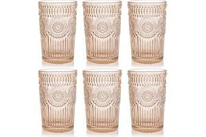 Kingrol Paquete de 6 vasos de colores de 12 onzas, juego de cristalería premium para agua, jugo, bebidas, cóctel, diseño romántico en relieve, para bodas, uso diario
