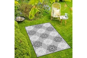 Neez Tappeto da Esterno Impermeabile - Antisabbia Plastica Coperta per Picnic, Mare, Campeggio, Terrazzo, Giardino e Balcone - 120x180 cm, Tappeto Bianco e Nero