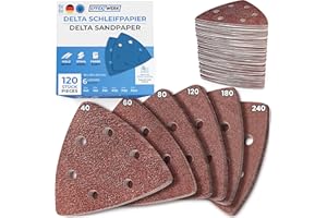 EffektWerk Delta Sandpapers (120 Pack, 6 Holes), 93 x 93 x 93mm Triangular Sanding Pads for Mouse Sanders, Multiple Grit Size (40, 60, 80, 120, 180, 240).