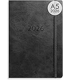 Finocam - Agenda 2026 Semana Vista Vertical | Enero - Diciembre (12 Meses) | Agenda A5 Con Goma Elástica Y Cinta Punto | Tapa Blanda Flexi Lisa - Negro - Catalán
