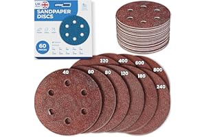 Effektwerk Sanding Discs (60 Pack, 6 Holes), 150mm Sandpaper for Orbital Sanders, Self-Adhesive w/Hook & Loop Closure, Fine & Coarse Grinding w/ 40, 60, 80, 120, 180, 240, 320, 400, 600, 800 Grits
