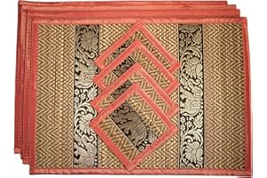 CCCOLLECTIONS Hand-Woven Wicker Reed Placemats and Coaster Set - Eco-Friendly Alternative to Plastic - Heat Resistant - Thai Style - Durable and Easy to Clean - Perfect for Dining Table Décor - Set of 4(Medium Light Pink)