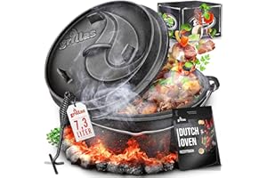 grillas Dutch Oven Set inkl. Rezeptideen | bereits eingebrannt - preseasoned | Feuertopf Gusseisen I Bräter mit Deckelheber und Henkel (Topf mit Füße, 7,3 Liter / 6 QT)