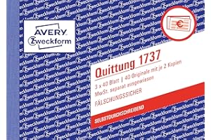 AVERY ZWECKFORM Avery Dennison Zweckform reçu TVA Présenté séparément 1ère 2ème et 3ème Page Papier Imprimé non-carbon A6 sur, 3 x 40 pages (texte allemand)