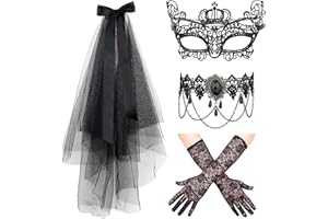 JeryWe Halloween Costume Jewelry Set Choker Necklace Lace Gloves Sexy Masquerade Mask Black Veil Fascinator Hat Gothic Lolita Vintage Jewelry Retro Party Accessories for Women