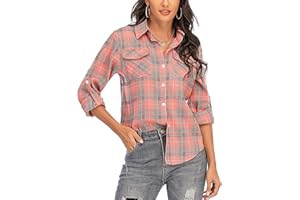 Enjoyoself 100% Cotone Donna Camicia a Quadri Flanella Blusa Casual Manica Lunga Capo Classico Shirts Tops