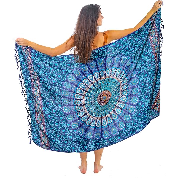 Sarong Plage Batik Bleu Fleur Rose – Paréo Polyvalent Main Commerce Équitable 170x110 Cm