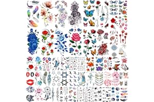 COKTAK 56 Blätter Bunt Rose Blume Temporäre Tattoos Frauen, Feder 3D Fake Tattoos Temporär Mädchen, Damen Temporary Tattoos Blumen Hals Gesicht Tatoo Sticker Kit, Tattoos Zum Aufkleben Auf Die Haut