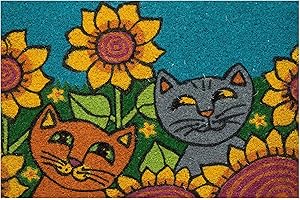 Baroni Home Zerbino da Esterno in Cocco Dipinto a mano con Base in PVC, Tappeto da Esterno Ultraresistente e Facile da Pulire, Gatti con Girasole, 60x40 cm
