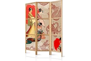 murando Room divider Geisha & Dragon 135x171cm / 54"x68" 3 panels Single-Sided- non woven fabric German quality room divider wood pattern design hand made Home office Japan p-B-0027-z-b