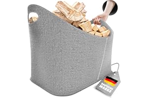 Xcelenze - XXL Wooden Basket for Firewood, Felt Basket, Extra Thick Felt & Reinforced Handles, Felt Bag, Foldable Also as a Shopping Basket, Car & Storage Basket for Wooden Newspapers (Light Grey)