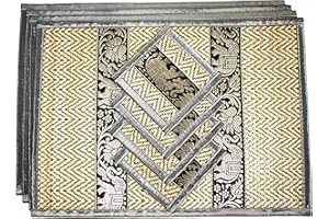 CCCOLLECTIONS Hand-Woven Wicker Reed Placemats and Coaster Set - Eco-Friendly Alternative to Plastic - Heat Resistant - Thai Style - Durable and Easy to Clean - Perfect for Dining Table Décor - Set of 4 (Medium Grey)