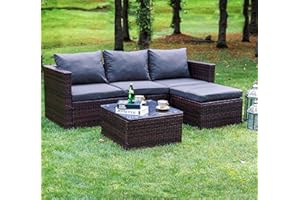 GOODS EMPORIUM Rattan Garden Corner Sofa with Coffee Table Patio Furniture- 3 to 4 Seater Rattan Corner Sofa Garden Furniture Sets - FREE RAIN COVER INCLUDED (‎Dark Brown Mixed With Dark Grey Cushions)