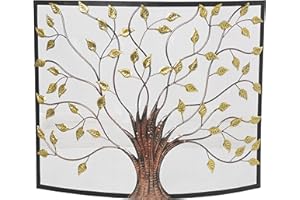 Deco 79 Metal Tree Sculpted Relief Single Panel Fireplace Screen with Curved Mesh Netting, 39 Inch x 7 Inch x 33 Inch, Bronze
