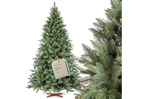 Albero FAIRYTREES Nordman Premium 220 cm, realizzato nell'UE. Albero di Natale artificiale formato da due materiali diversi, con supporto in frassino fatto a mano, tronco marrone.