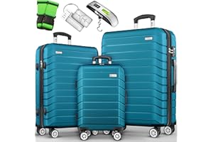 tillvex® Reisekoffer Set 3-TLG. + Gepäckwaage, 6X Koffergurte & 3X Kofferanhänger | Kofferset 4 Rollen | Trolley Gepäck Koffer TSA Schloss | Rollkoffer Hartschalenkofferset S-M-L-XL (Türkis)