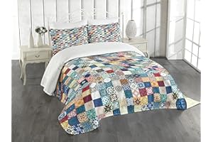 ABAKUHAUS Marokański zestaw narzuty, misterny motyw patchworkowy, zestaw z poszewkami na poduszki, nadaje się do prania, na łóżka jednoosobowe, 170 x 220 cm, ciemnoniebieski, wielokolorowy