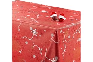 KP Home Rossa Tovaglia Natalizia Plastificata Oro Natale Fiocchi di Neve Tovaglia Plastificata Rettangolare 140x250 Impermeabile Tovaglia Plastica Tovaglia PVC Tovaglia Cerata 240x140 Facile da Pulire