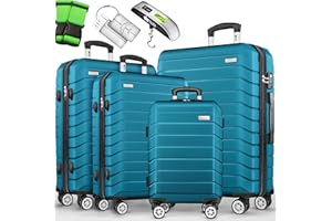 tillvex® Set 4 valigie rigide S-M-L-XL + bilancia, 8 cinghie e 4 etichette bagagli | Valigia da viaggio leggera con 4 ruote piroettanti | Guscio rigido in ABS con lucchetto TSA (Turchese)