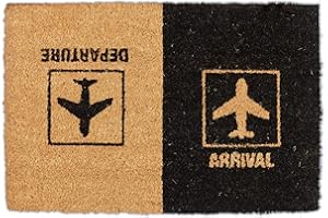 ‎RELAXDAYS Relaxdays Wycieraczka kokosowa "Arrival Departure", dywanik drzwiowy z motywem samolotu, do wewnątrz i na zewnątrz, 40 x 60 cm, naturalna/czarna, 1 sztuka