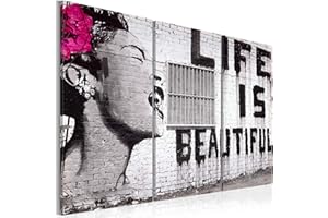Cuadros B&D XXL - Cuadro en Lienzo Banksy 135x90 cm 3 piezas - Impresión en material tejido no tejido cuadros decoracion modernos lienzos decorativos - Street Art Woman Life is beautiful 030115-3
