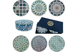 Totally Turkish – Patterned Drink Coasters Set of 6 – Giftable Design Drinks Mat Set – Non-Scratch Top & Non-Slip Cork Base (Aegean)