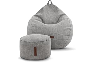 ‎GREEN BEAN Green Bean 2er Set Indoor XXL Sitzsack + Hocker mit EPS-Perlen Füllung - Fußhocker Fußkissen Sitz-Pouf Bodenkissen Liegekissen Sitzkissen Lounge Chair Sitzhocker Relax-Sessel Bean Bag Silber Grau