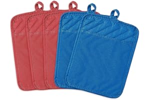 GROBRO7 5Pcs Cotton Pot Holder for Kitchen, Heat Resistant Potholders Sqare Oven Mittts Non Slip Hot Pads with Hanging Loop, Pot Mitts for Kitchen Cooking Baking Grilling Microwave, (Red&Blue)