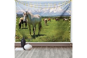 ABAKUHAUS Tier Wandteppich und Tagesdecke, Pferde aus Weiches Mikrofaser Stoff Waschbar ohne Verblassen Digitaldruck, 230 x 140 cm, Grün Weiß