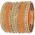 NMII Metal with Golden Zircon Gemstone & Silk Thread Studded worked Ball Chain Linked Stylish Bangle Set For Women and Girls