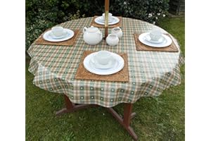 THE TABLECLOTH COMPANY 55" (1.4M) ROUND PVC/VINYL TABLECLOTH - GREEN & CREAM HEARTS WITH PARASOL HOLE