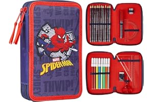 Marvel Astuccio Scuola Porta Penne Completo di Set Cancelleria Astuccio 3 Scomparti Bambino e 2 Scomparti Gadget Spiderman Avengers Ufficiale Regalo Back to School