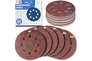 Effektwerk Sanding Discs (24 Pack, 8 Holes), 125mm Sandpaper for Random Orbital Sanders, Self-Adhesive w/Hook & Loop Closure, Fine & Coarse Grinding w/ 40/60/80/120/180/240 Grits (4 Pcs each)