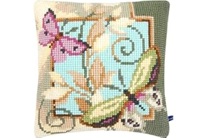 Vervaco Kreuzstich Stickpackungen Kissen Stickerei Set Anfänger Vorgedruckt 2 Schmetterlinge DIY Set Kreativ Set Für Erwachsene Dekoratives Kissen ca. 40 x 40 cm Bastelset Handwerker Haus Dekoration