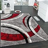 Paco Home Tappeto di Design con Bordo Definito Motivo A Righe Grigio Nero Rosso Screziato, Dimensione:160x230 cm