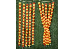 Shah Crafts. Artificial Marigold Garland Flower Toran Pack Of 10 Fake Phool Mala For Home Temple Decoration Diwali Pooja Indian Wedding, Outdoor Inddor Wall Decor Strings 5 Feet Each-Color-Multi