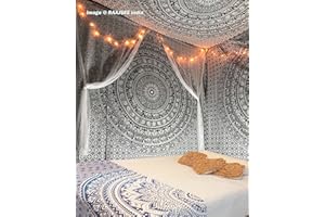 raajsee Black & White Walking Elephant Mandala Tapestry Wall Hanging, Indian Cotton Beach Throw Blanket, Hippie Elephant Queen Boho Decor 210x220cm