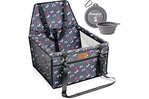 Pawpiz Dog Car Seat for Small Dogs & Puppies | Pet Booster Seat with Seat Belt for Front or Rear Seats | Sturdy & Scratch-Resistant with Cute travel bowl | UK Brand (Grey)