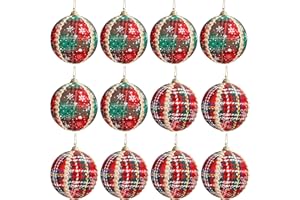 Belle Vous Bola Navidad (Pack de 12) Adornos Navidad 8 cm Bolas Verdes y Rojas a Cuadros con Cuerda — Decorar Árbol de Navidad — Adornos Navideños Colgantes para Fiestas Interior Exterior