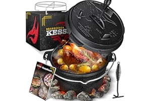 KESSER® Dutch Oven Set BBQ 9 litres, Marmite à feu avec dessous de plat en acier inoxydable, Casserole en fonte avec anse pour soulever le couvercle et fente pour le thermomètre, marmite de cuisson
