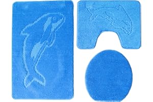 Ilkadim Delphin Badgarnitur 3 TLG. Set 55x85 cm einfarbig, WC Vorleger mit Ausschnitt für Stand-WC (hellblau)