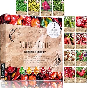Chili Samen Set I 12 scharfe bis milde Chili Samen Sorten in h&ouml;chster Qualit&auml;t I von Carolina Reaperr Samen bis zu seltenen Chili Pflanzen Sorten f&uuml;r Chili Verr&uuml;ckte I Chili Samen Set von valeaf