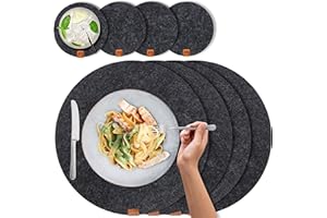 ‎MIQIO MIQIO® Design Runde Tischsets aus Filz abwaschbar | Mit Echtleder Markenlabel und Glasuntersetzer | 4 Platzsets 4 Untersetzer | rot oder grau | Filzmatte Platzdeckchen abwischbar